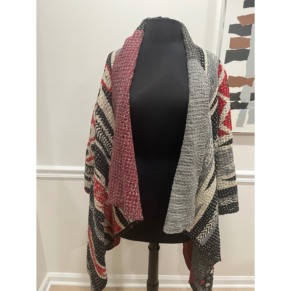 Mieko Mintz kantha Stitched Open Front Draped Cardigan Red Black Geometric Size1